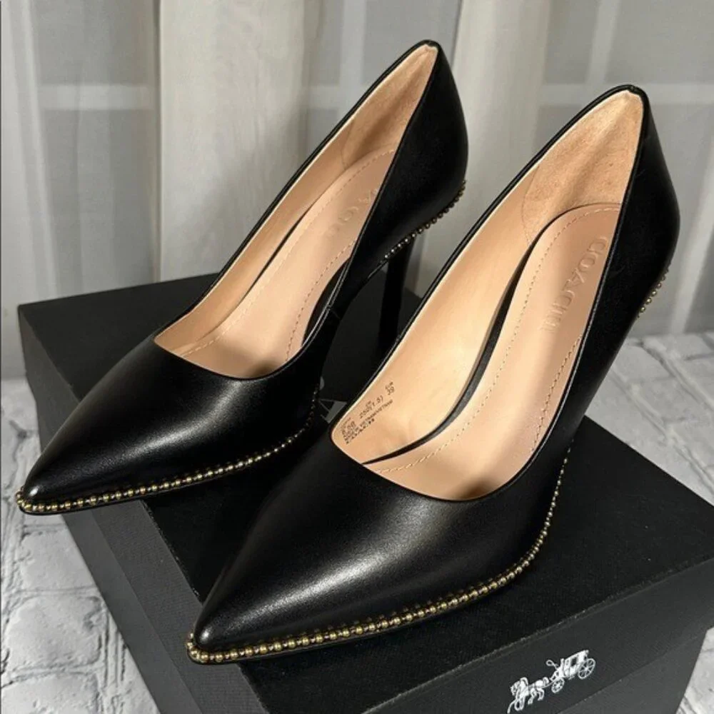 Coach Waverly Beadchain Leather Heels Black Gold Shoes - Picture 15 of 16